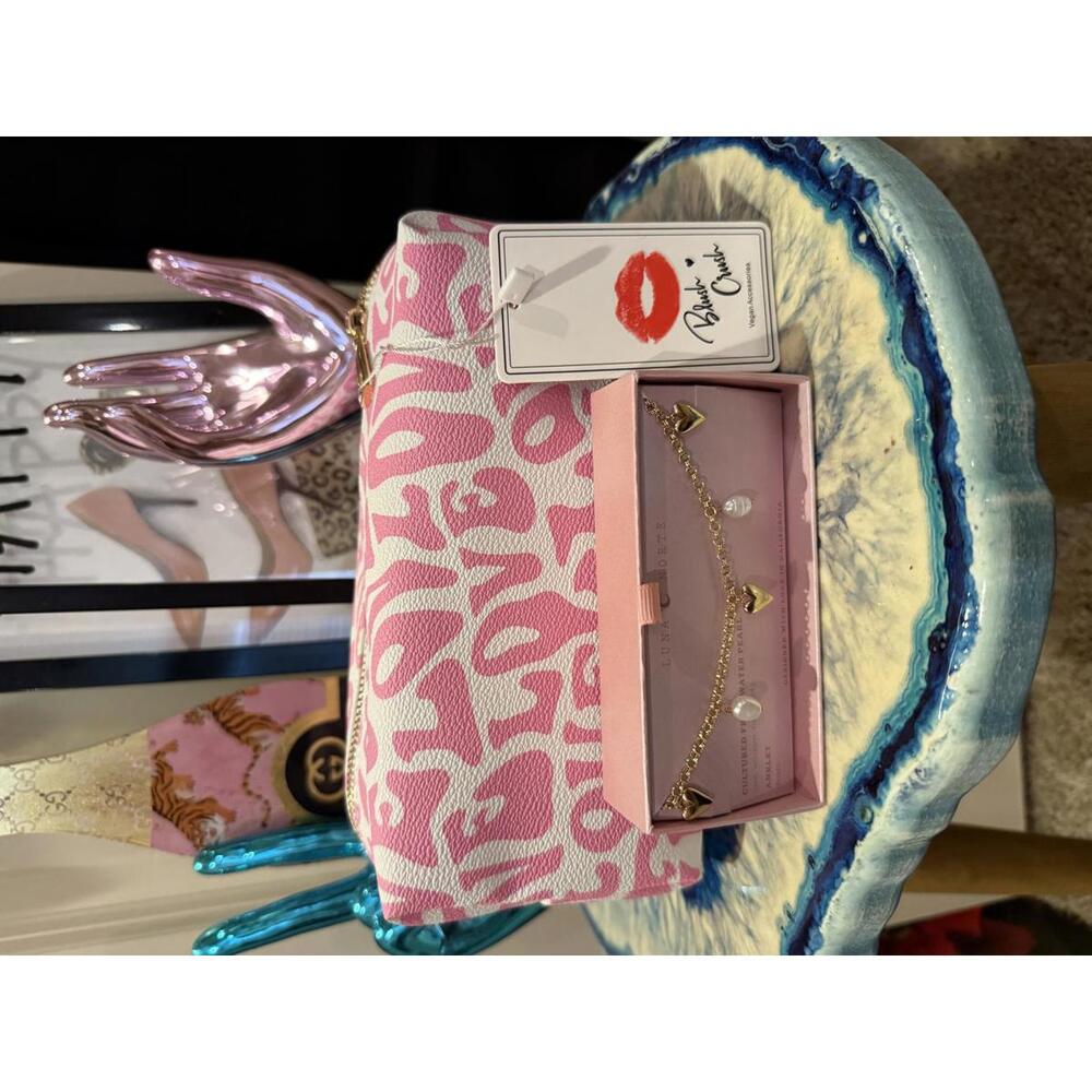 Blush Crush Heart Cosmetic Bag & Gold Heart and Pearl Anklet NWT Bundle